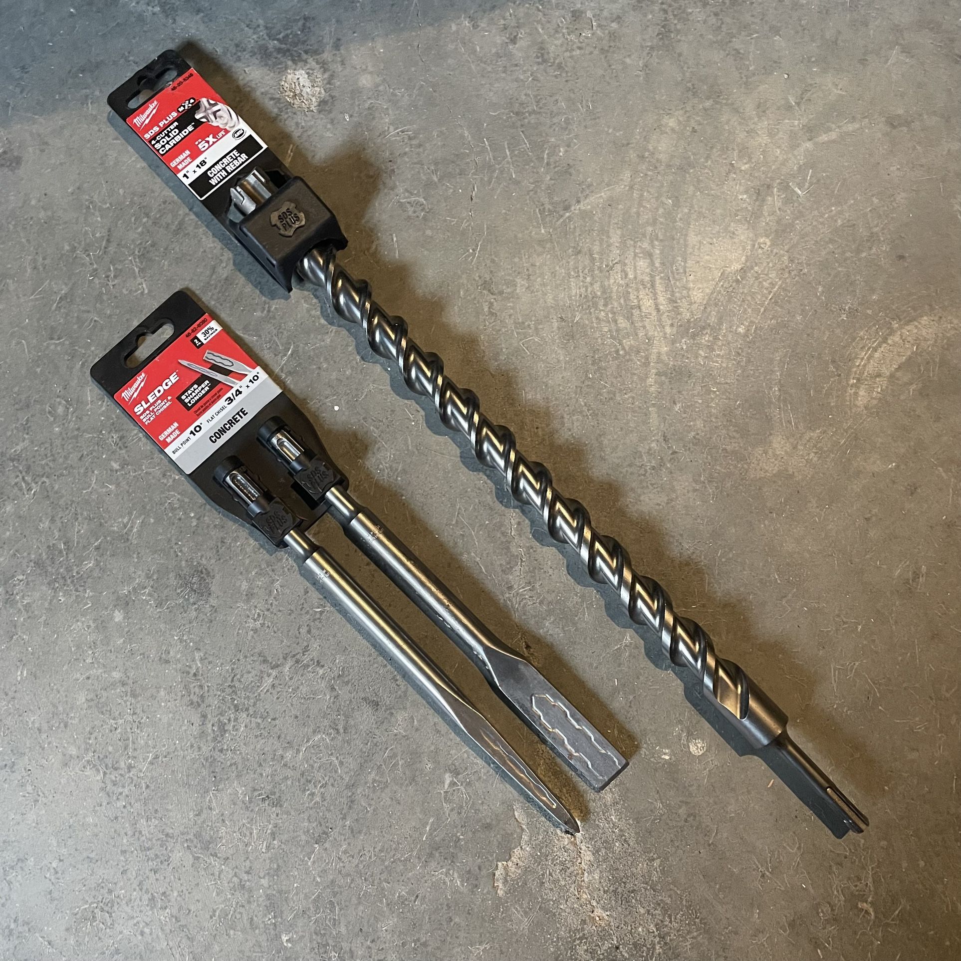 3 Milwaukee Bits - 1 in. × 18 in. 4-Cutter SDS-PLUS Carbide Drill Bit And 10 in. SDS-PLUS Demo Bull Point Chisel and 10 in. SDS-PLUS Steel Flat Chisel