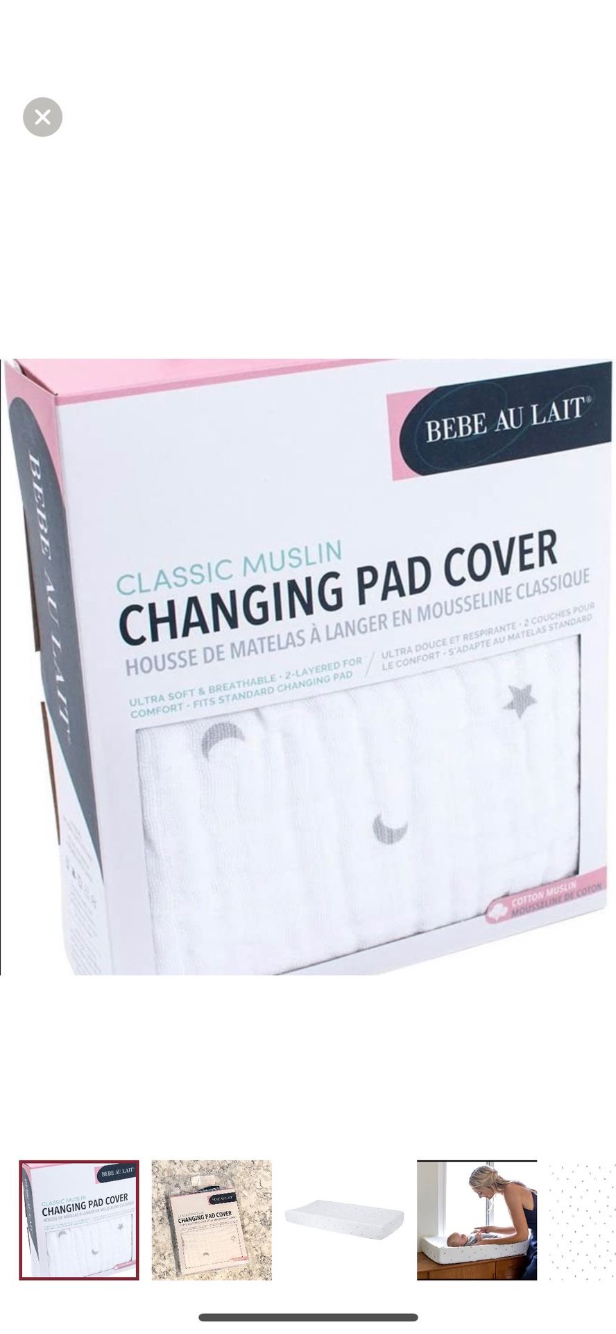 NEW Bebe Au Lait White/Gray Cotton Muslin Changing Pad Cover Luna Stars & Moons