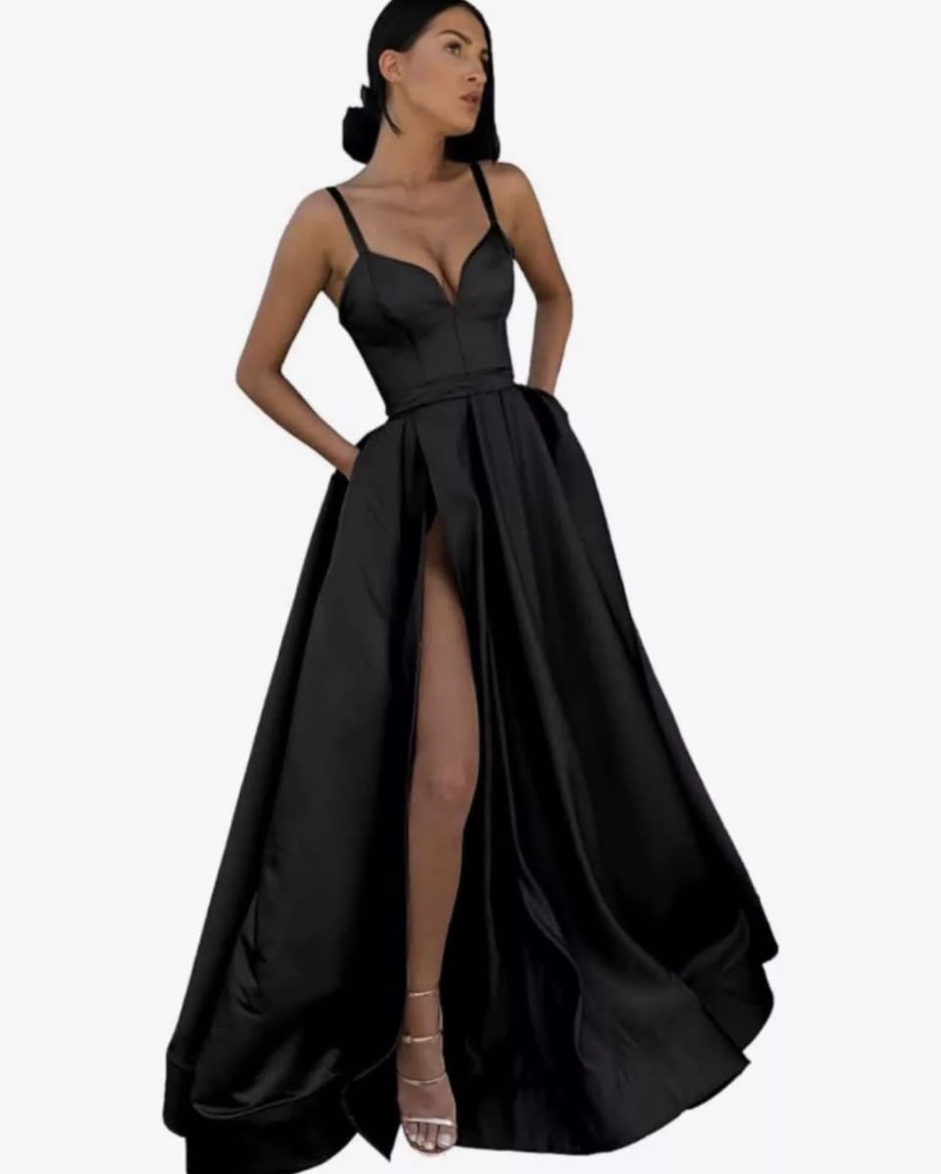 New V-Neck Bridesmaid Dress w/ Slit Pleated Satin Formal Evening Long Party Gown (4)