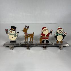Christmas Enamel Stocking Holders with Chrome Base Hooks Set of 4 Santa reindeer