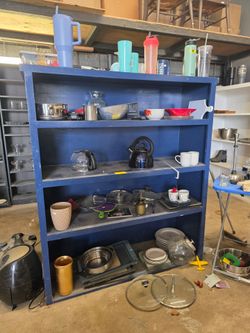 TODAY SUNDAY ONLY 10AM-5PM ! Blue wood shelf, truck definitely required for transport, ONLY $10