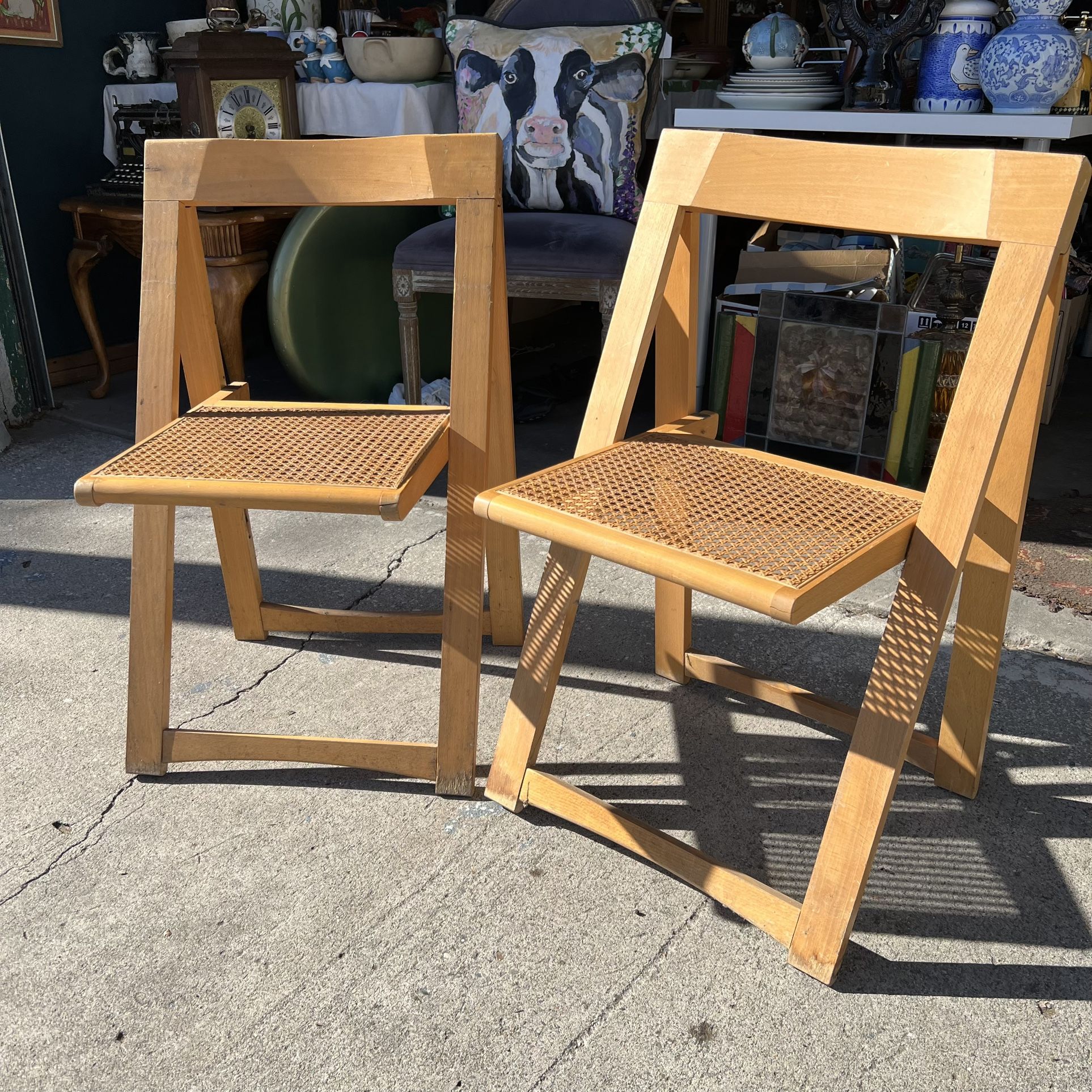 Mid Century Wood And Cane Folding Chairs