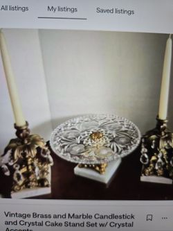 Vintage Brass and Marble Candlestick and Cake Stand Set with Crystal Accents