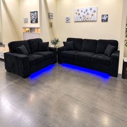 Black 2 Piece Sofa and Loveseat Set with LED Lights