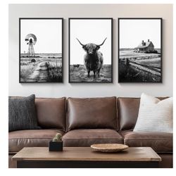Framed Highland Cow Wall Art for Living Room