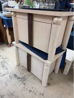 Vintage pair of night stands  featuring a distinct light-colored finish and rounded pillar-style legs - 36” x 22” x 23.5