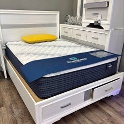 Platform Bed Storage Bed White 4 Pcs New Bed Dresser Mirror Nightstand 