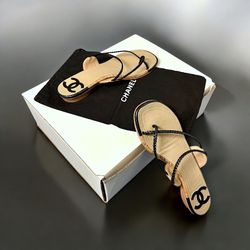 Chanel Women’s Taupe Brown Black Loop Braided Straps Cork Sandals Sz 6.5 / 37