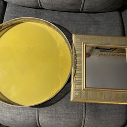  Vintage round bar ware Brass Tray / Small Gold Mirror & Gold And Black Vintage Picture Frame 🖼️ 5x7