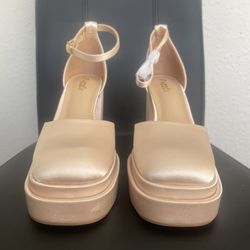Dazzle | Blush Satin Square-Toe Platform Heels