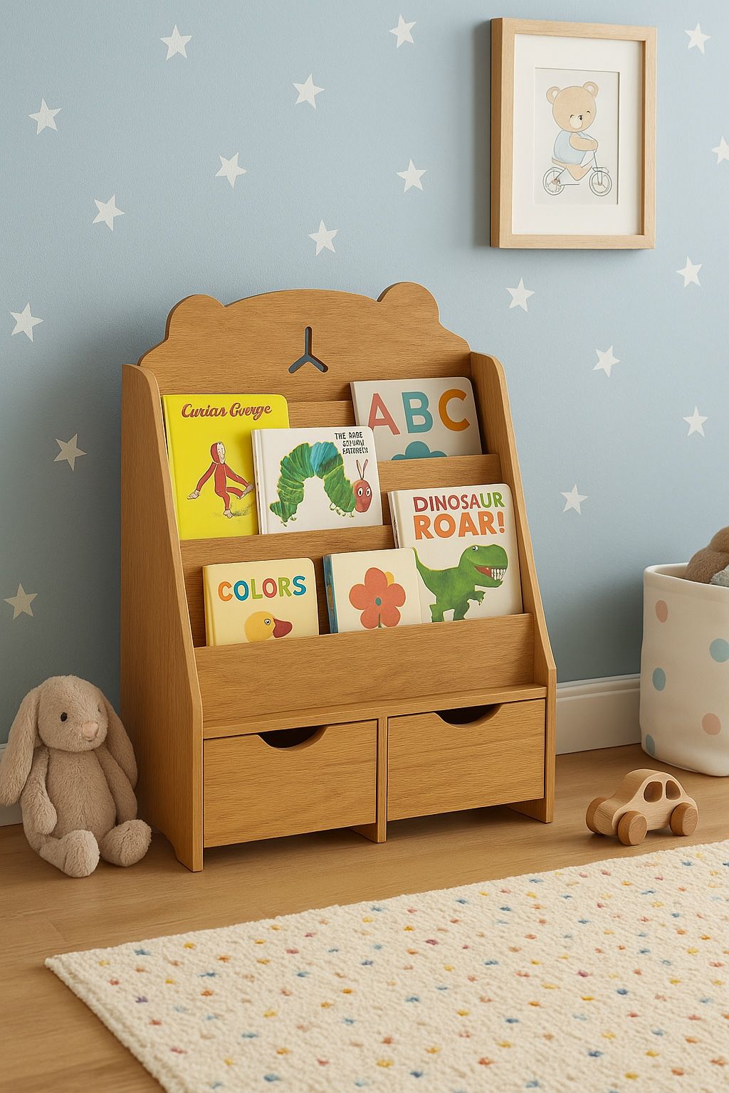Bear Bookshelf for Kids Room – Wooden Book Organizer with Storage Drawers