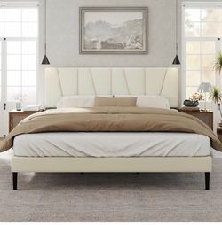 King Size Upholstered Platform Bed Frame — Wingback Headboard, Beige Linen