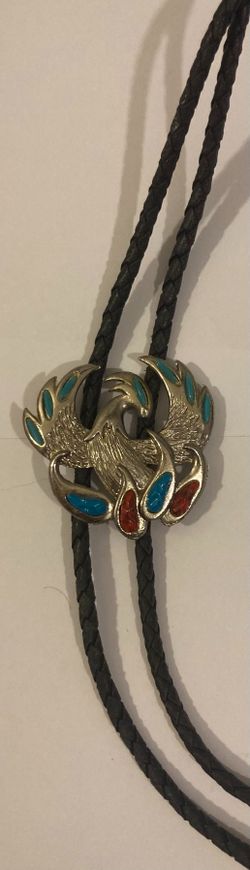Vintage Metal Bolo Tie, Nice Colorful Red and Blue Turquoise Stones, Firebird, Dragon, Nice Western Design, 2" x 1 1/2", Quality, Heavy Duty, Country 