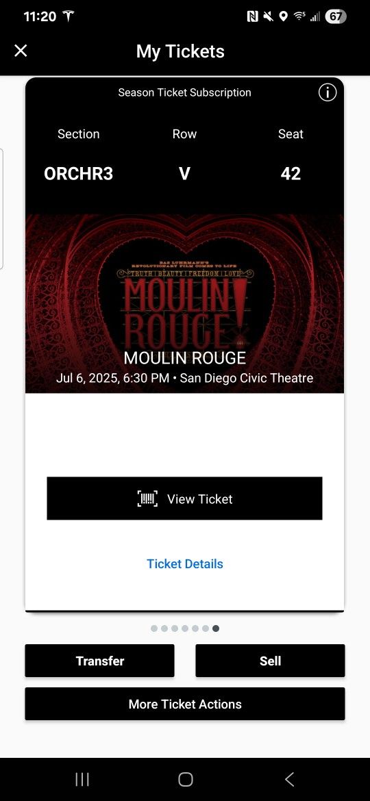 1 Ticket To Moulin Rouge Broadway San Diego, Sunday July 6