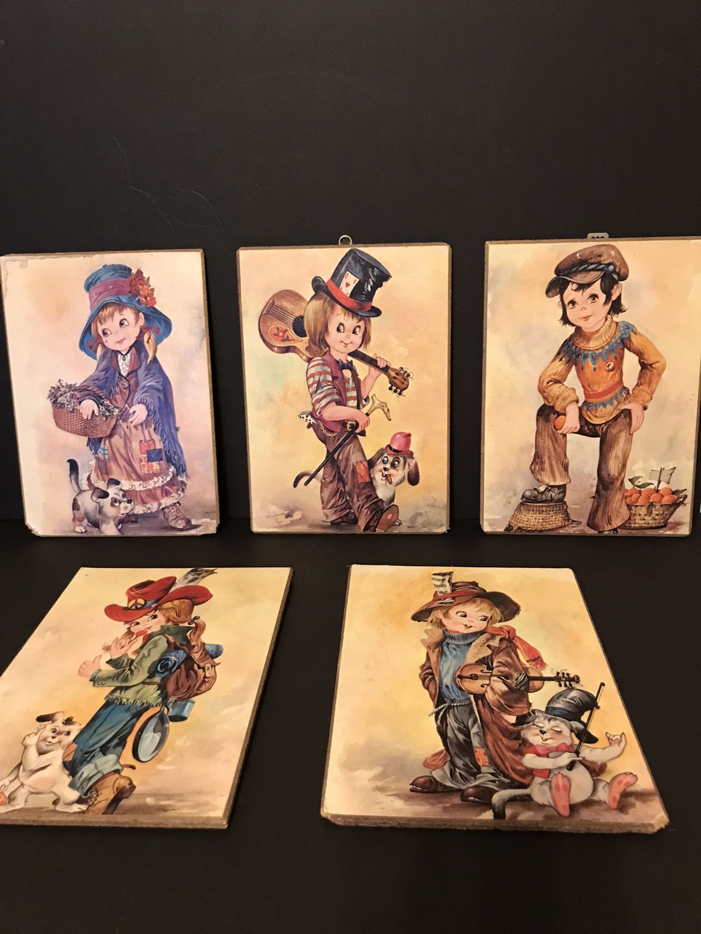 Vintage Set of 5 Massimo Made in Italy 11x8 Particle Board Children Wall Plaques
