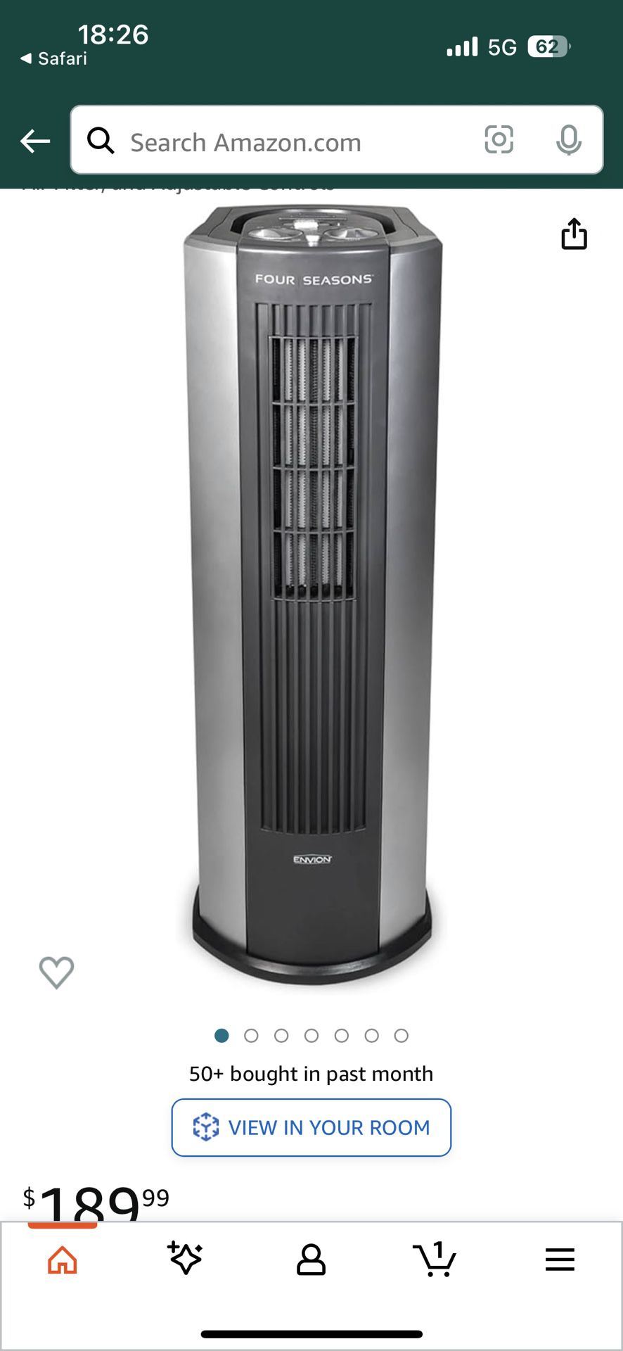 Envion 4 Seasons Large Room 4 in 1 Multi Function Air Purifier, Heater, Fan, and Humidifier w/ 3 Fan Speeds, HEPA Air Filter, and Adjustable Controls