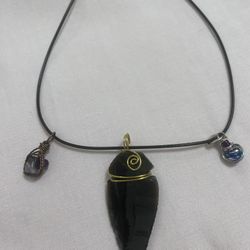 2 Handmade Necklace Pendants, Purple Amethyst, Black Obsidian Arrowhead, Glass Bead