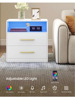 Nightstands, LED Lights, Charging Station, 2 Drawers Bedside Table, End Table for Bedroom, 23.6 x 13.8 x 24.1 inch, Cloud White, CUSTOS Collection ULE
