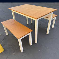 Farmhouse Solid Wood Dining Table and 2 Benches Very Good Condition