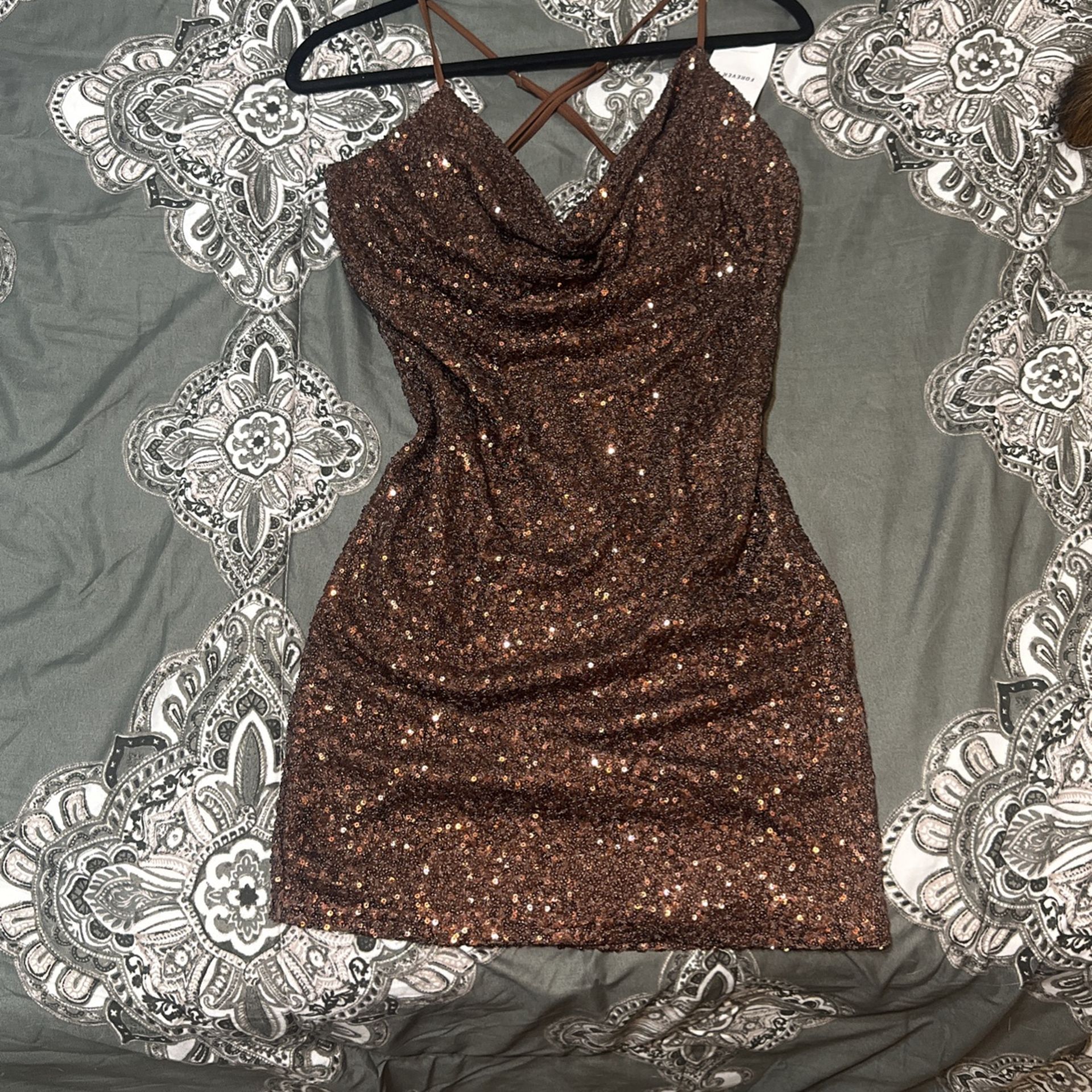 Brown Sequins Mini Dress