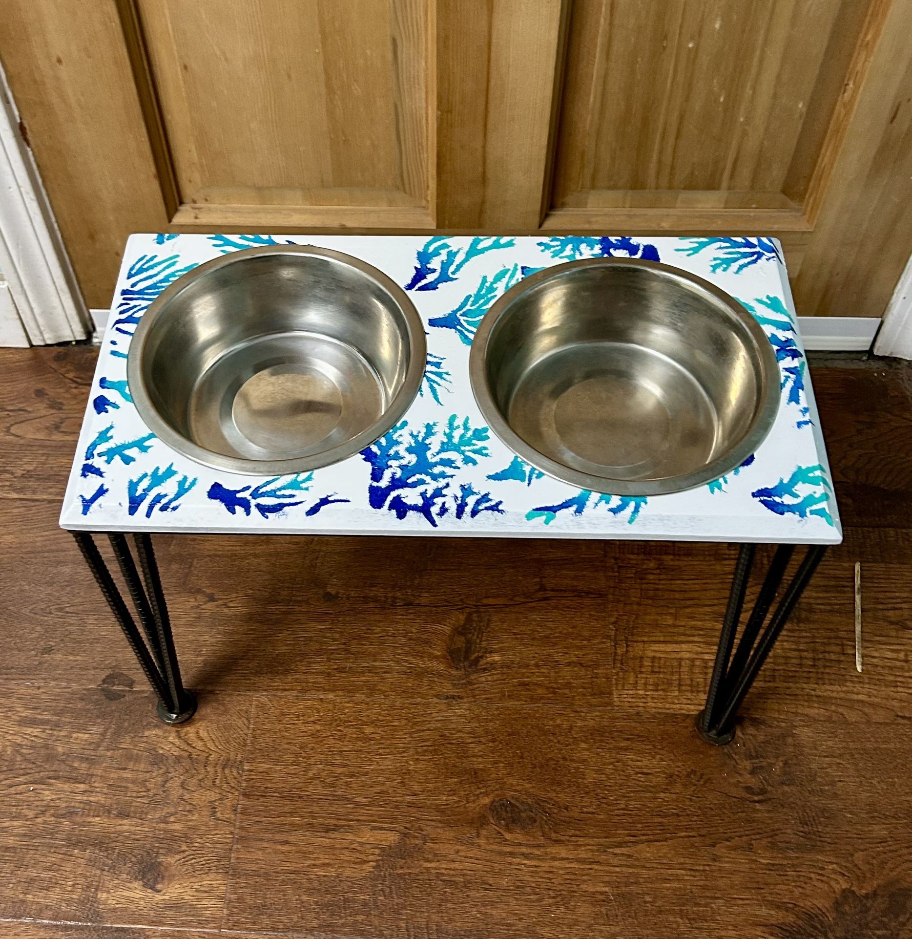 Dog food bowl, elevated, pet, pet food, pet accessories, beachy, coral, nautical