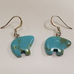 Native American Inspired Faux Turquoise Bear Silvertone Earrings For Pierced Ear
