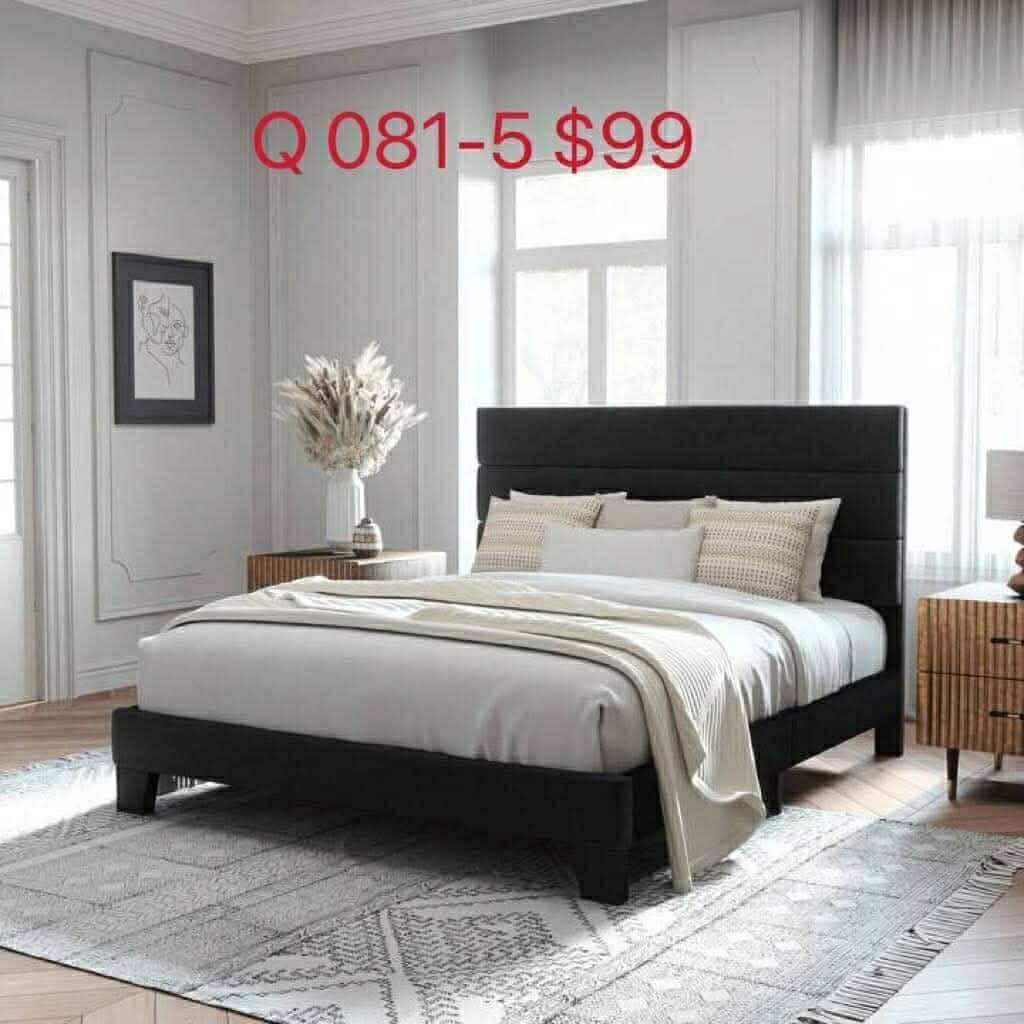 Queen Size Platform Bed Frame with Velvet Headboard(081-5)