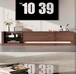 New-WOODTIME 89.4" W TV Stand with 3-Color Light for TVs up to 85 Inches, Modern Entertainment Center with Drawers and Glass Shelves, Long Media Conso
