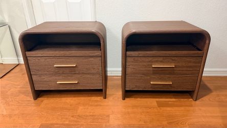 New Set of 2 Curved Nightstands with charging station, pull-out tray and 2 drawers