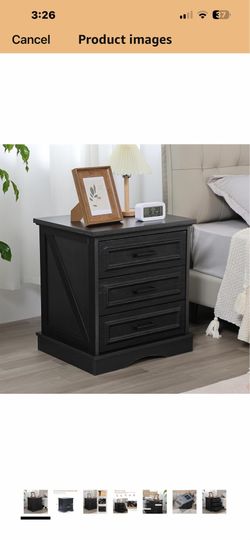 Farmhouse Nightstand with Charging Station, Wood Night Stands with 3 Drawers, 22" Wide End Table with Storage, Black Bedside Cabinet for Bedroom   164