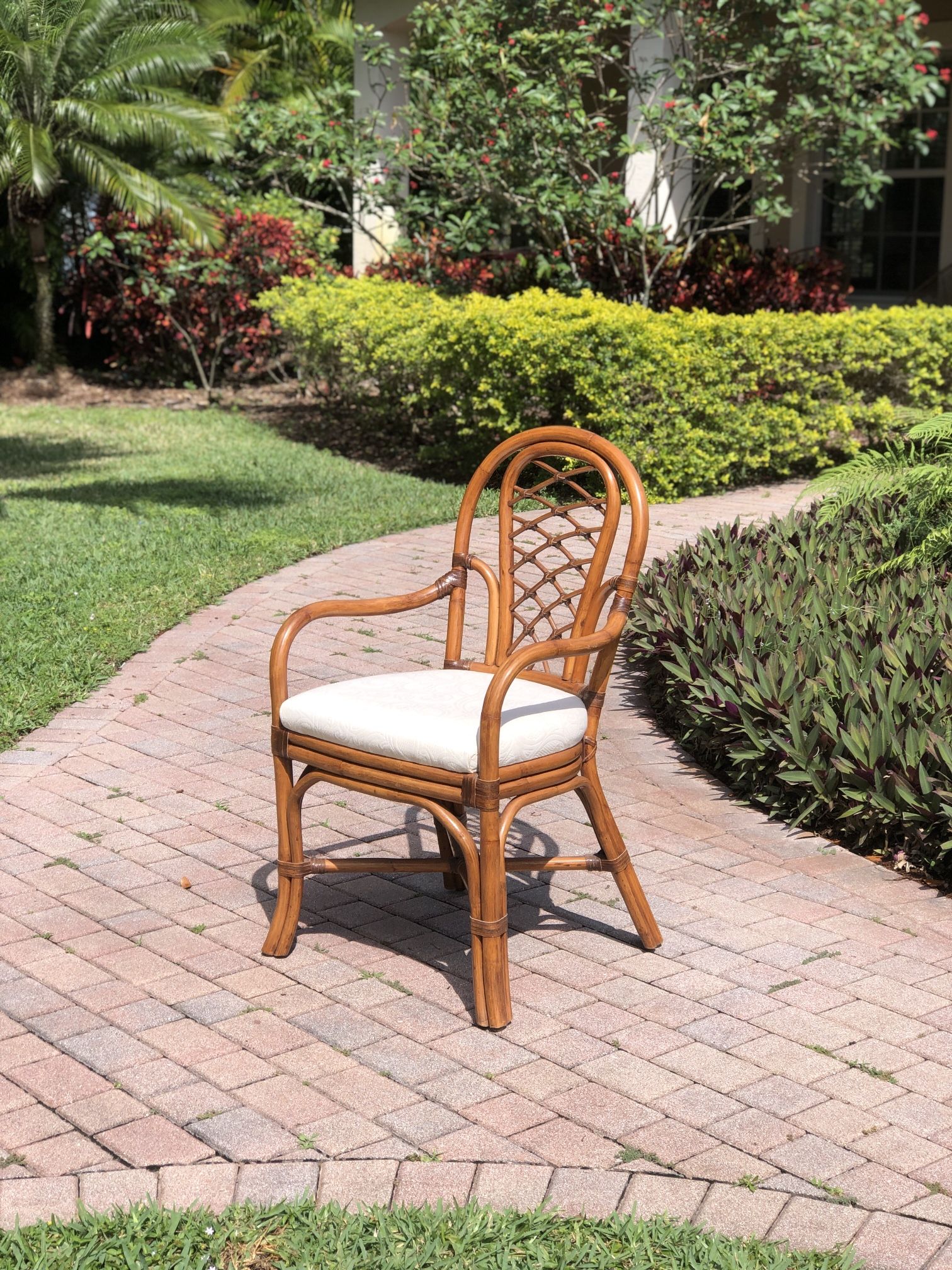 Vintage McGuire Quality Rattan Accent Chair In Excellent White Upholstery Solid Heavy Desk ArmChair.