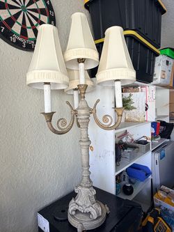 Large Ornate 5-Light Floor Lamp – Distressed Ivory & Gold – 24” across, 45”Tall