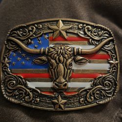 New mens belt buckle country western bull head horns us flag