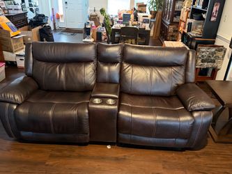 Brown Leather Reclining Sofa with Console