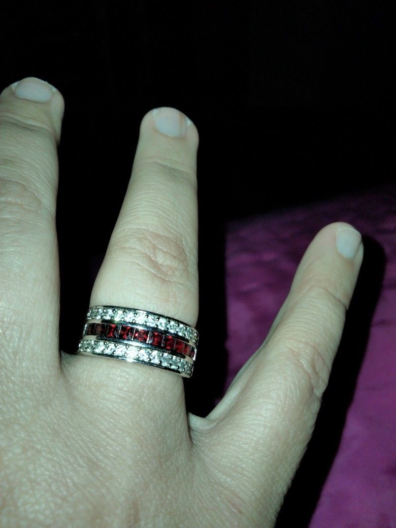 Men's Sz 10 Sterling Silver Sapphire And Ruby Band