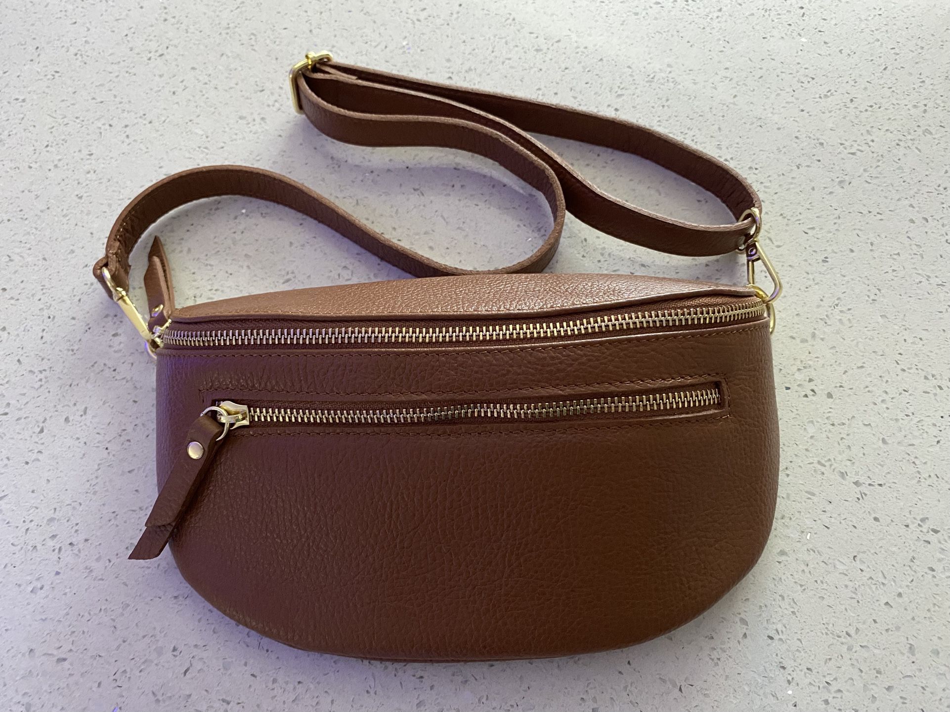 Brand New Brown Leather And Gold Zipper Sling Bag