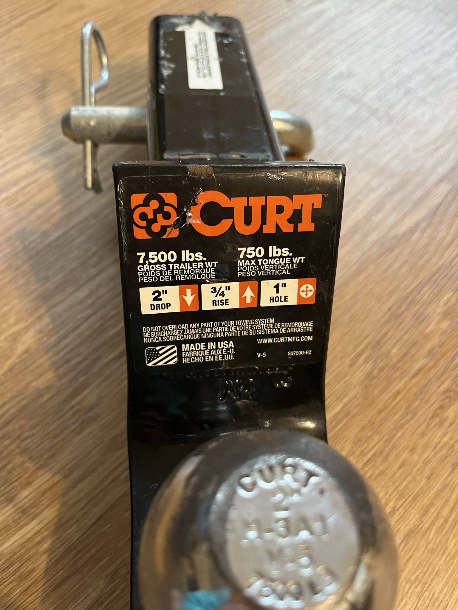 CURT 45036 Trailer Hitch Mount with 2-Inch Ball & Pin, Fits 2-in Receiver, 7,500 lbs, 2" Drop, GLOSS BLACK POWDER COAT