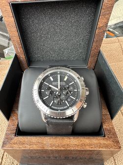 New Men’s Scott Brothers By Kendra Scott Stainless Steel Black Dial Black Leather Strap Watch