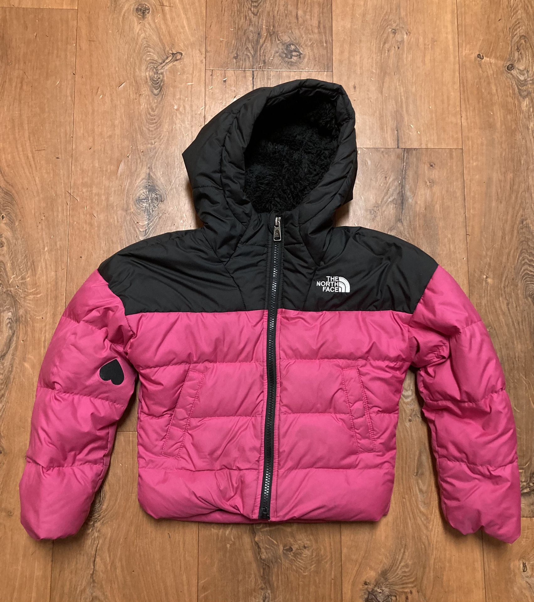 THE NORTH FACE Girl’s Childrens 550 Down Puffer Coat Jacket Size XS 6 Pink/Black Hoodie Full Zip Sherpa Lining