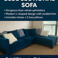 FOR SALE – Blue Velvet Sectional Sofa with Chaise