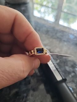 Dainty Blue Sapphire Ring Chain 2Ct Link 14K Yellow Gold Plated Beautiful 😍 