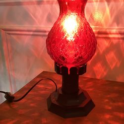Vintage Ruby Red Glass Lamp with diamond quilted shade and plastic lighted base (toggle) 11 x 5”