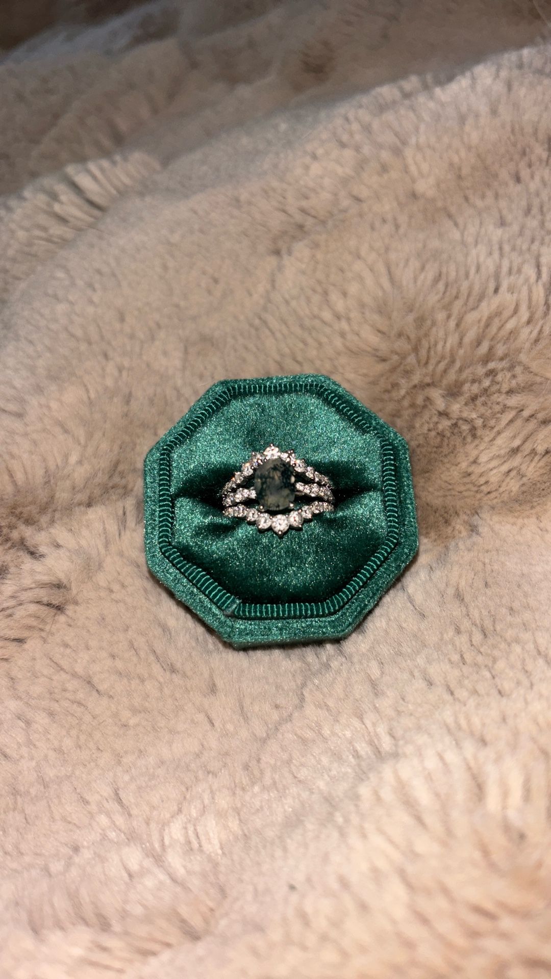 Moss Agate Engagement ring and sauntered wedding bands