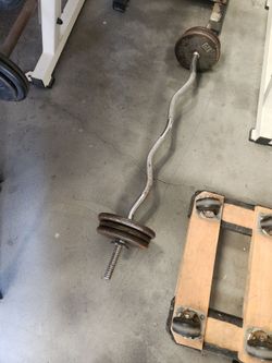 EZ curl bar with gym weights 50 lbs $60 total