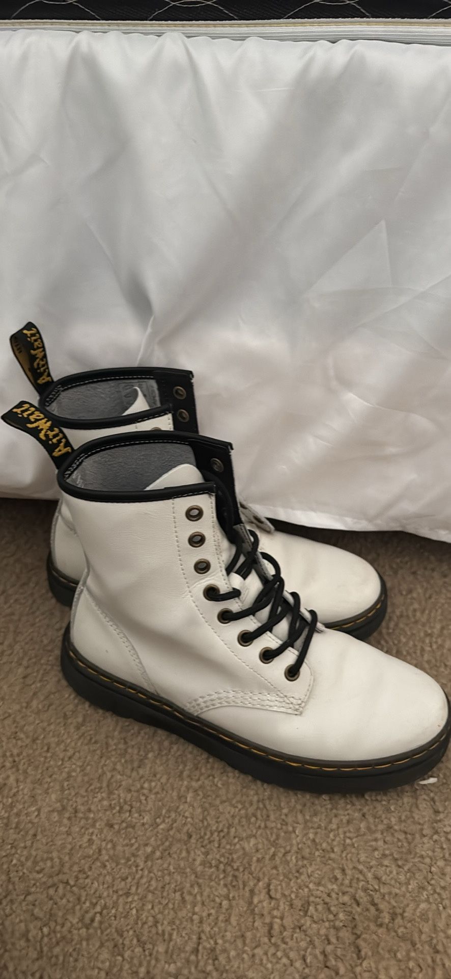 White Dr. Marten AirWair patent leather rubber bouncing sole lace up ankle boots
