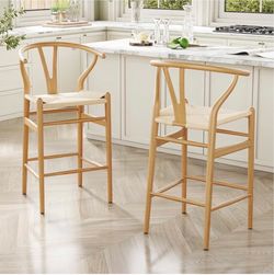 Farini Fully Assembled Wishbone Barstool Set of 2,Weave Counter Height Bar Stool for Kitchen Island,Nature