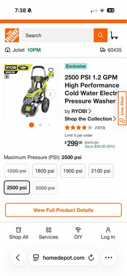 2500 PSI 1.2 GPM High Performance Cold Water Electric Pressur Washer