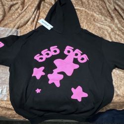 sp5der 555555 Black Pink Stars Graphic Cotton Fleece Pullover Hoodie