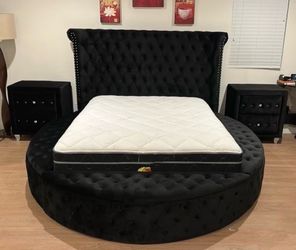 Black round bed with storage and usb charging ports brand new in box firm price Queen $799 King $899