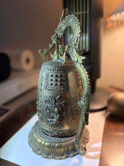 Ornate Brass Dragon Temple Bell w/ Hanging Striker – Asian Decor